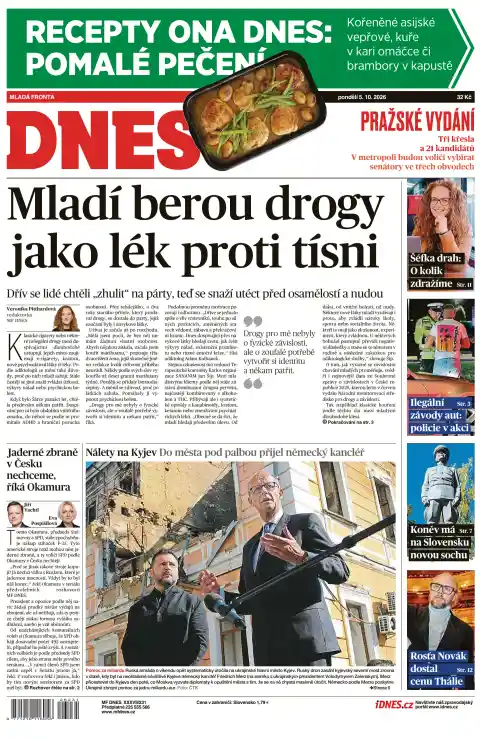 Capa do MF DNES de 5 de outubro de 2026. Manchete: Os jovens tomam drogas como remédio contra a angústia.