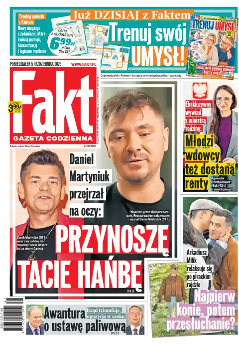 Capa do Fakt de 5 de outubro de 2026. Manchete: Daniel Martyniuk abriu os olhos: causa vergonha ao pai.
