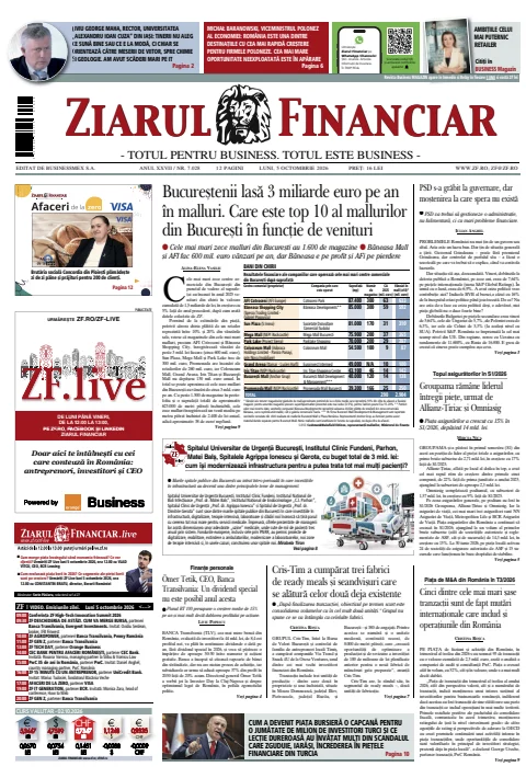 Capa do Ziarul Financiar de 5 de outubro de 2026. Manchete: Os habitantes de Bucareste gastam 3 mil milhões de euros por ano em centros comerciais. Qual é o top 10 dos centros comerciais de Bucareste por receitas.