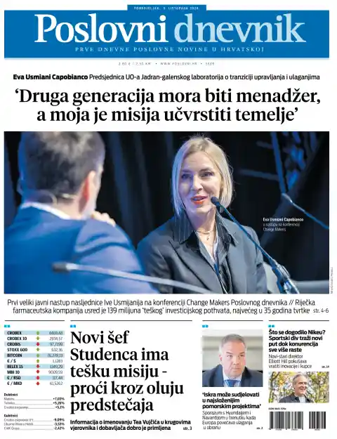 Capa do Poslovni dnevnik de 5 de outubro de 2026. Manchete: 'A próxima geração tem de ser gestora, a minha missão é consolidar os alicerces'.