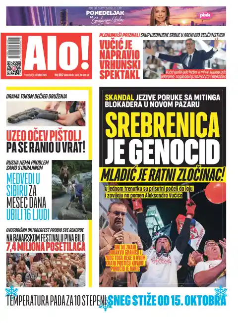 Alo! front page, 5 October 2026. Headline: Srebrenica is genocide. Mladić is a war criminal!
