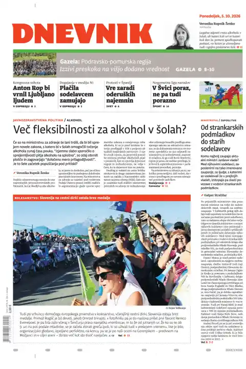 Capa do Dnevnik de 5 de outubro de 2026. Manchete: Mais flexibilidade para o álcool nas escolas?