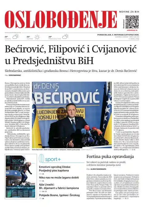 Capa do Oslobođenje de 5 de outubro de 2026. Manchete: Bećirović, Filipović e Cvijanović na Presidência da BiH.