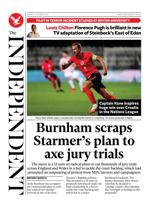 Capa do The Independent de 4 de outubro de 2026. Manchete: Burnham deita fora o plano de Starmer para acabar com os julgamentos por júri.