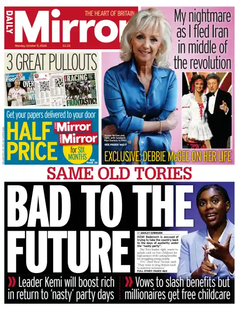Capa do Daily Mirror de 5 de outubro de 2026. Manchete: Os mesmos conservadores de sempre: mau para o futuro.