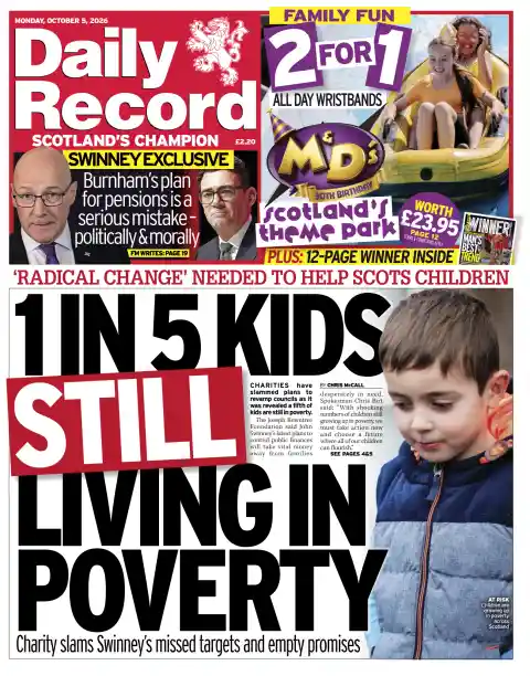 Capa do Daily Record de 5 de outubro de 2026. Manchete: 1 em cada 5 crianças ainda vive na pobreza.