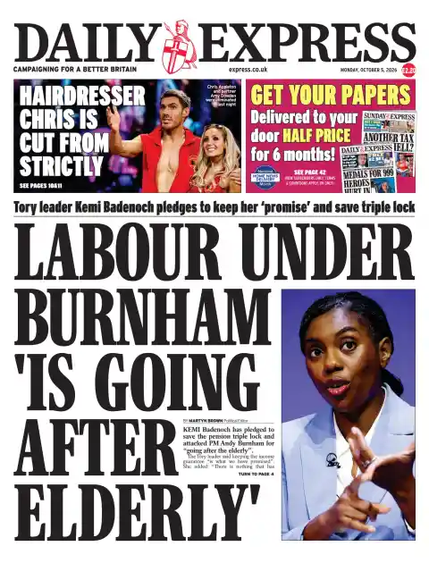 Capa do Daily Express de 5 de outubro de 2026. Manchete: Trabalho sob Burnham 'tem como alvo os idosos'.
