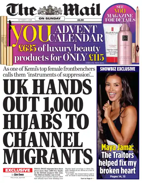 The Mail on Sunday front page, 4 October 2026. Headline: UK hands out 1,000 hijabs to channel migrants.