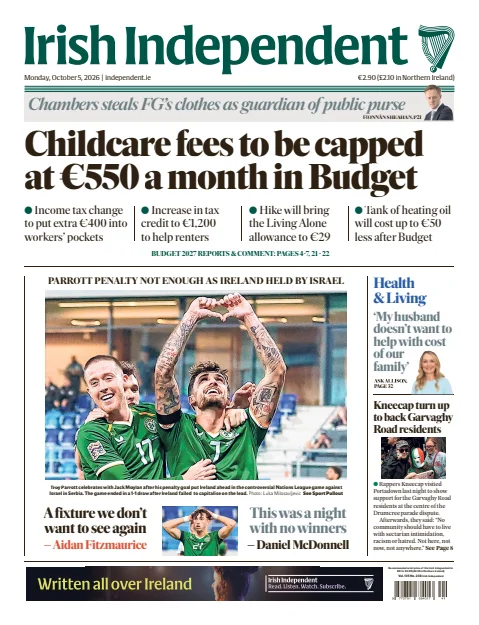 Capa do Irish Independent de 5 de outubro de 2026. Manchete: Propinas das creches limitadas a 550 € por mês no Orçamento.