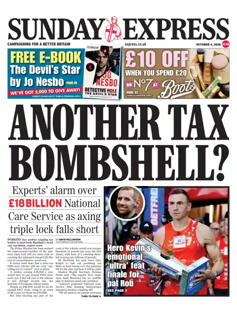 Sunday Express front page, 4 October 2026. Headline: Another tax bombshell?