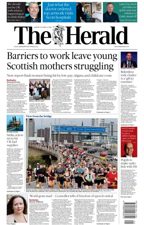 Capa do The Herald (Scotland) de 5 de outubro de 2026. Manchete: Os obstáculos ao trabalho deixam as jovens mães escocesas em dificuldades.