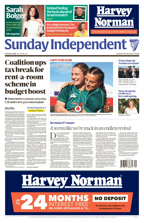 Sunday Independent front page, 4 October 2026. Headline: Coalition ups tax break for rent-a-room scheme in budget boost.