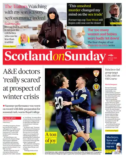 Capa do Scotland on Sunday de 4 de outubro de 2026. Manchete: Médicos de urgência 'muito assustados' com perspetiva de crise de inverno.