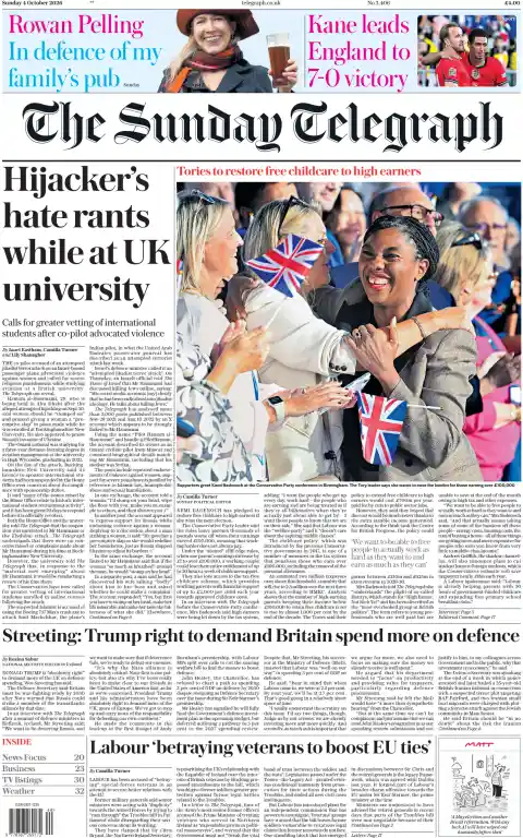 The Sunday Telegraph front page, 4 October 2026. Headline: Hijacker's hate rants whilst at UK university.
