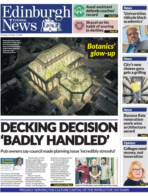 Capa do Edinburgh Evening News de 5 de outubro de 2026. Manchete: Decisão sobre varanda 'mal conduzida'.