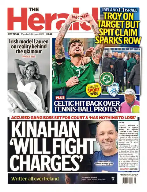 Capa do The Herald (Dublin) de 5 de outubro de 2026. Manchete: Kinahan "vai contestar as acusações".