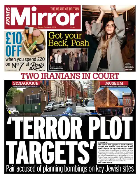 Capa do Sunday Mirror de 4 de outubro de 2026. Manchete: Plano terrorista em alvo. Casal acusado de planear atentados em locais judeus principais.