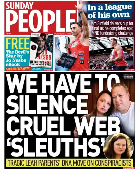 Sunday People front page, 4 October 2026. Headline: We have to silence cruel web 'sleuths'.