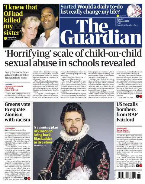 The Guardian front page, 5 October 2026. Headline: 'Horrifying' scale of child-on-child sexual abuse in schools revealed.