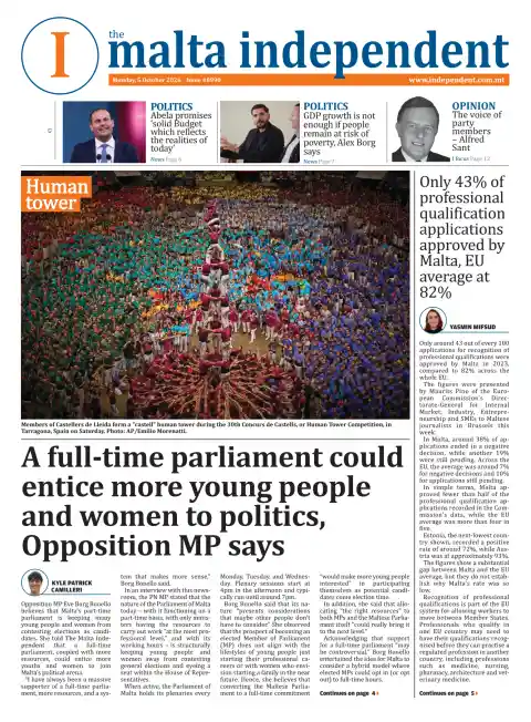 Capa do The Malta Independent de 5 de outubro de 2026. Manchete: Um parlamento a tempo inteiro poderia atrair mais jovens e mulheres para a política, diz deputada da oposição.