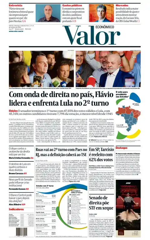 Capa do Valor Econômico de 5 de outubro de 2026. Manchete: Com uma onda de direita no país, Flávio lidera e enfrenta Lula na 2.ª volta.
