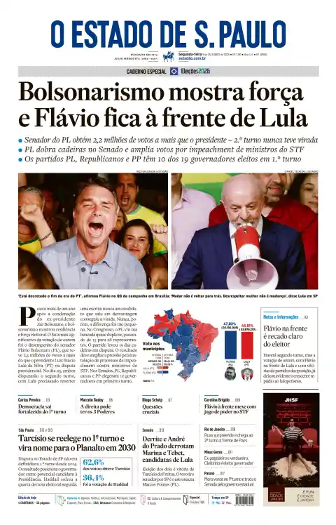 Capa de O Estado de S. Paulo de 5 de outubro de 2026. Manchete: Bolsonarismo mostra força e Flávio fica à frente de Lula.