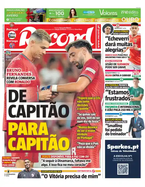 Capa do Record de 4 de outubro de 2026. Manchete: De capitão para capitão.