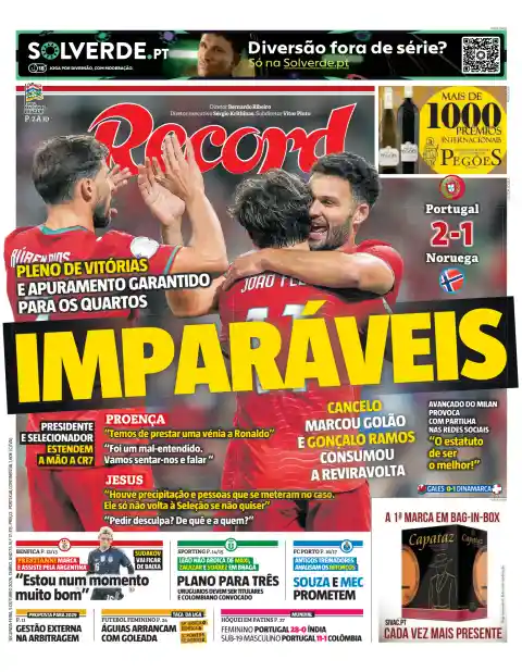 Capa do Record de 5 de outubro de 2026. Manchete: Imparáveis.