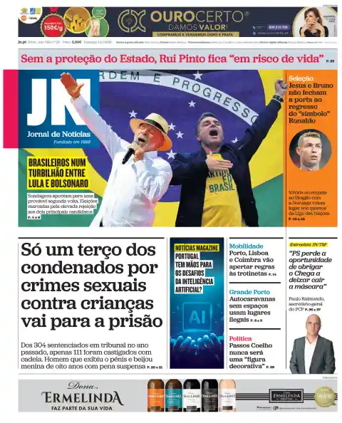 Jornal de Notícias front page, 4 October 2026. Headline: Only a third of those convicted of sex crimes against children go to prison.