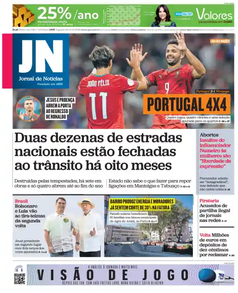 Capa do Jornal de Notícias de 5 de outubro de 2026. Manchete: Duas dezenas de estradas nacionais estão fechadas ao trânsito há oito meses.