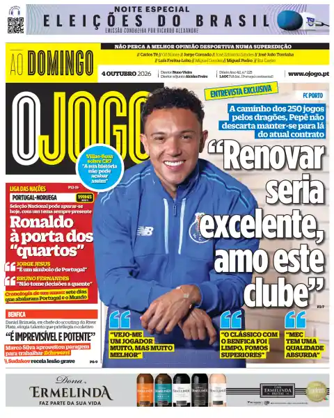 O Jogo front page, 4 October 2026. Headline: "Renewing would be excellent, I love this club".