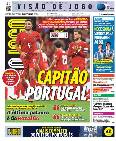 Capa de O Jogo de 5 de outubro de 2026. Manchete: Capitão Portugal.