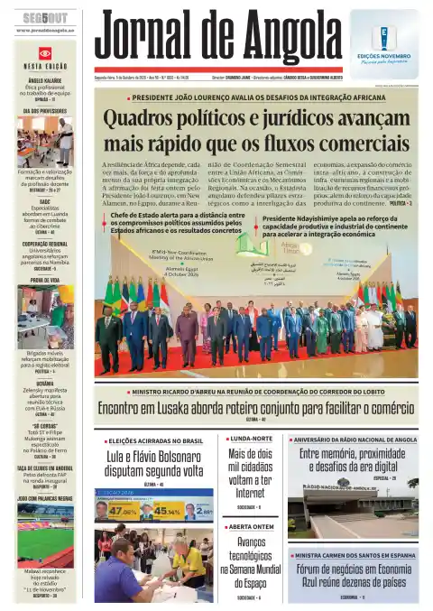 Portada de Jornal de Angola del 5 de octubre de 2026. Titular: Los marcos políticos y jurídicos avanzan más rápido que los flujos comerciales.