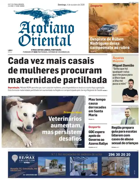 Capa do Açoriano Oriental de 4 de outubro de 2026. Manchete: Cada vez mais casais de mulheres procuram maternidade partilhada.