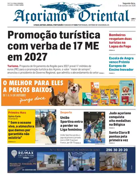 Capa do Açoriano Oriental de 5 de outubro de 2026. Manchete: Promoção turística com verba de 17 ME em 2027.