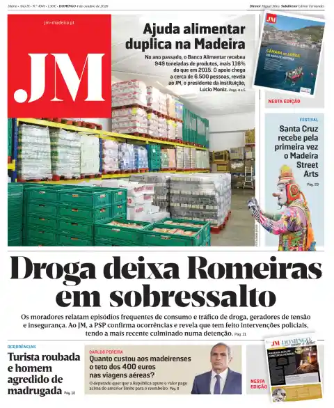 Jornal da Madeira front page, 4 October 2026. Headline: Drugs leave Romeiras on edge.