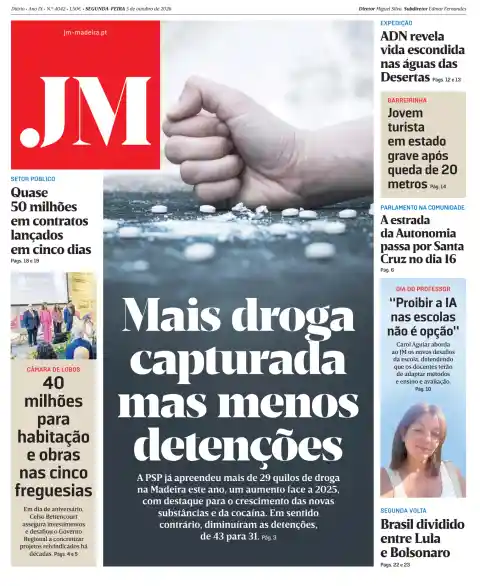 Capa do Jornal da Madeira de 5 de outubro de 2026. Manchete: Mais droga capturada mas menos detenções.