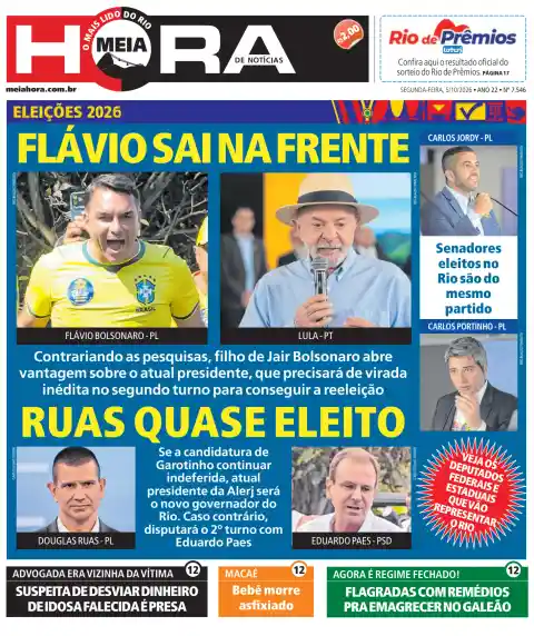 Portada de Meia Hora del 5 de octubre de 2026. Titular: Flávio sale por delante.