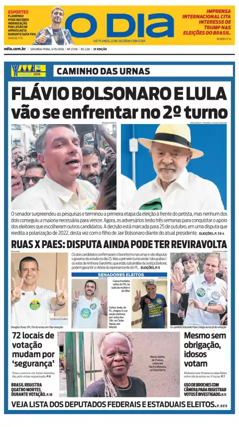 Capa de O Dia de 5 de outubro de 2026. Manchete: Flávio Bolsonaro e Lula vão se enfrentar no 2º turno.