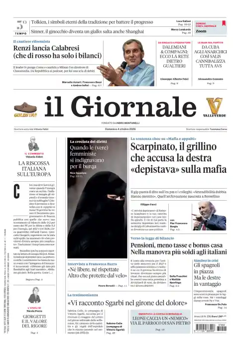 Il Giornale front page, 4 October 2026. Headline: Scarpinato, the Five Star member who accuses the right of «misdirecting» inquiries on the mafia.