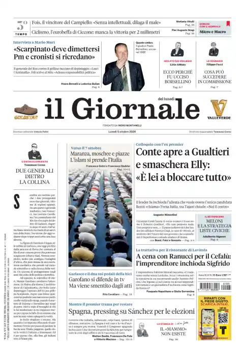 Capa do Il Giornale de 5 de outubro de 2026. Manchete: Conte abre a porta a Gualtieri e desmascara Elly: «É ela que bloqueia tudo».