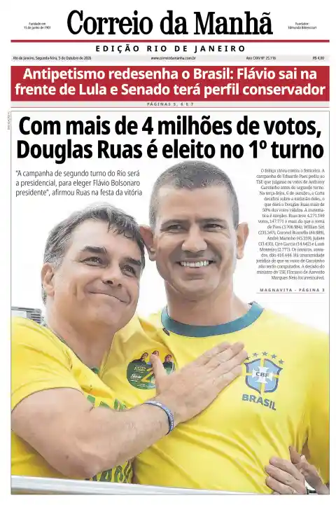 Portada de Correio da Manhã (Rio) del 5 de octubre de 2026. Titular: Con más de 4 millones de votos, Douglas Ruas es elegido en la primera vuelta.