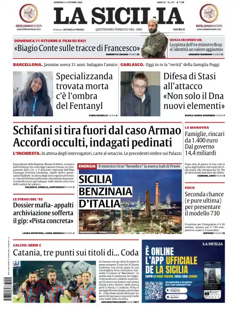Capa do La Sicilia de 4 de outubro de 2026. Manchete: Schifani afasta-se do caso Armao. Acordos ocultos, investigados vigiados.