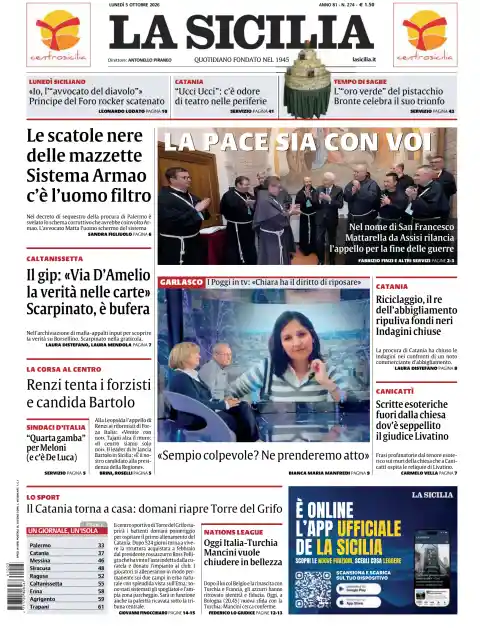 Capa do La Sicilia de 5 de outubro de 2026. Manchete: A paz esteja convosco.