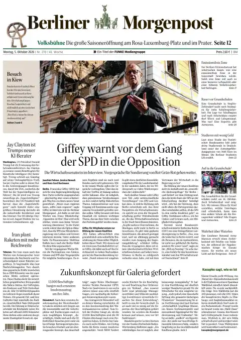 Capa do Berliner Morgenpost de 5 de outubro de 2026. Manchete: Giffey avisa contra entrada do SPD na oposição.