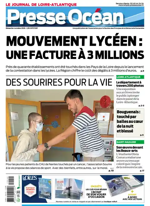 Presse Océan front page, 4 October 2026. Headline: High school movement: a bill for 3 million.