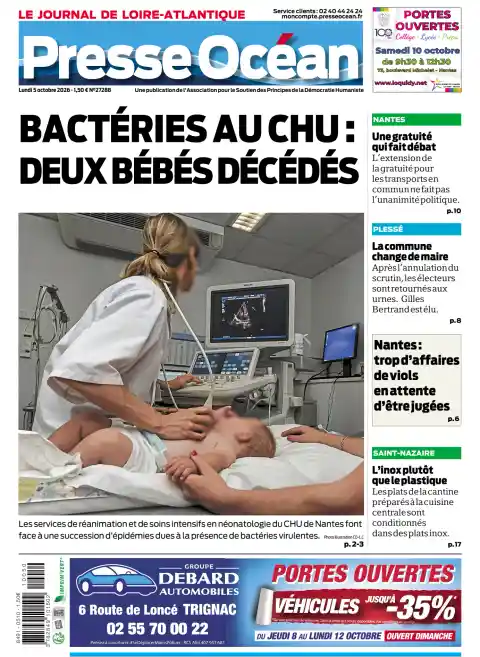 Capa do Presse Océan de 5 de outubro de 2026. Manchete: Bactérias no hospital: dois bebés falecidos.