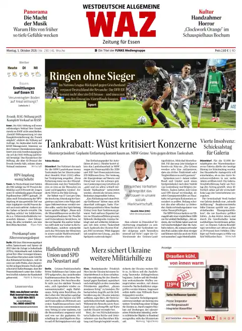 Capa do Westdeutsche Allgemeine Zeitung (WAZ) de 5 de outubro de 2026. Manchete: Desconto de combustível: Wüst critica empresas.