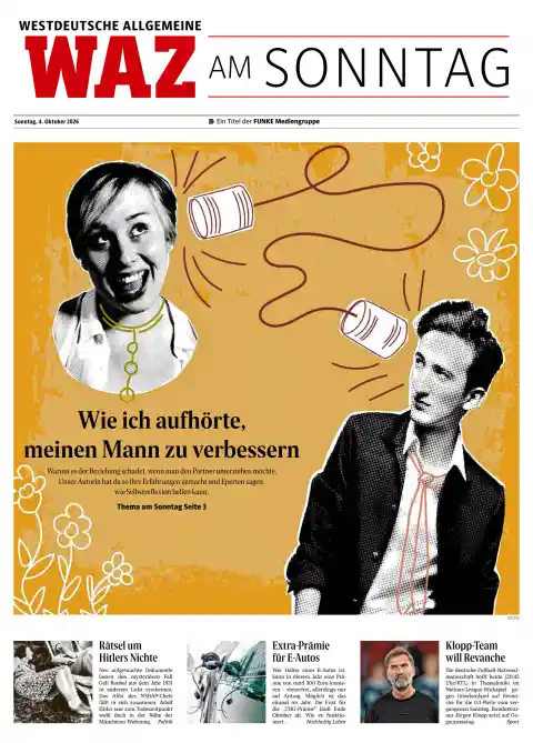 Westdeutsche Allgemeine Zeitung (WAZ) front page, 4 October 2026. Headline: How I stopped trying to improve my husband.