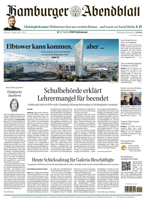 Capa do Hamburger Abendblatt de 5 de outubro de 2026. Manchete: Autoridade escolar declara o fim da falta de professores.